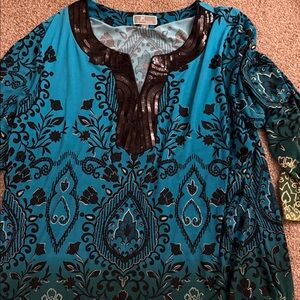 JM Collection Teal and Black Patterned Blouse